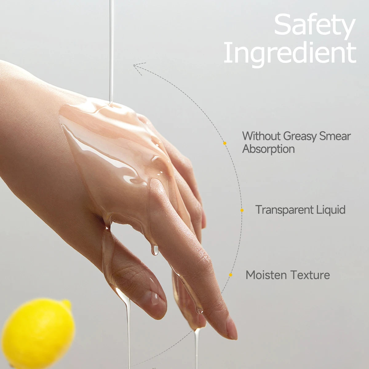 Hand applying a transparent liquid product with text highlighting safety ingredients on a gray background.