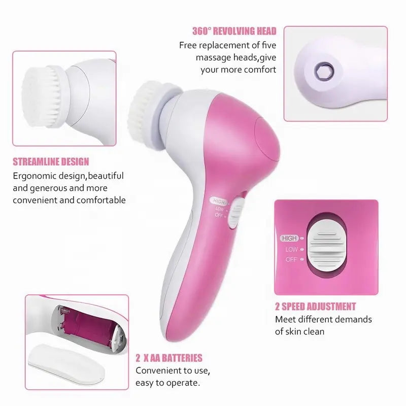 Pink and white handheld device with features highlighted on a white background