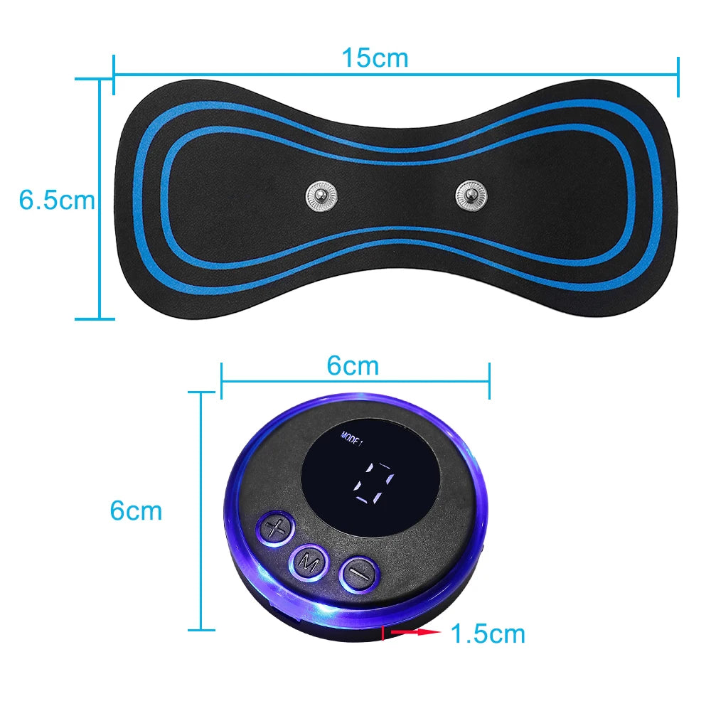 Measurement chart of a black and blue device with dimensions labeled.