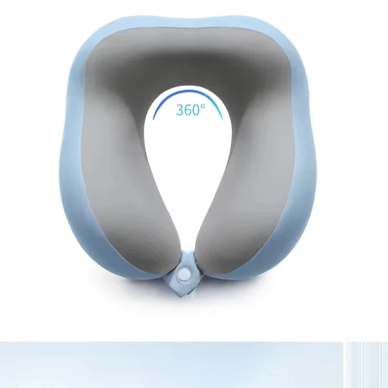 Gray and blue neck pillow with a 360-degree rotation indicator on a white background