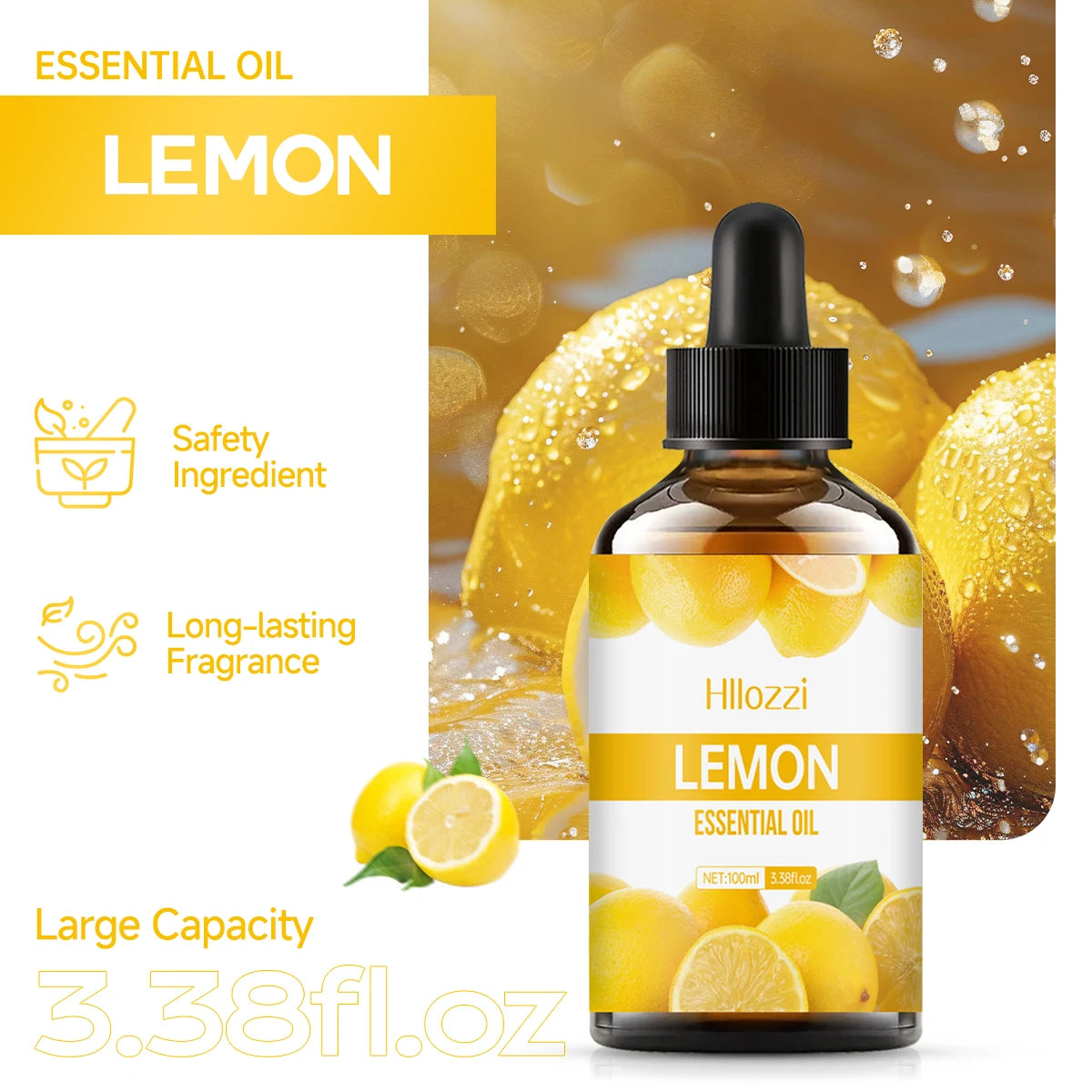 Lemon essential oil bottle with dropper on a yellow and white background