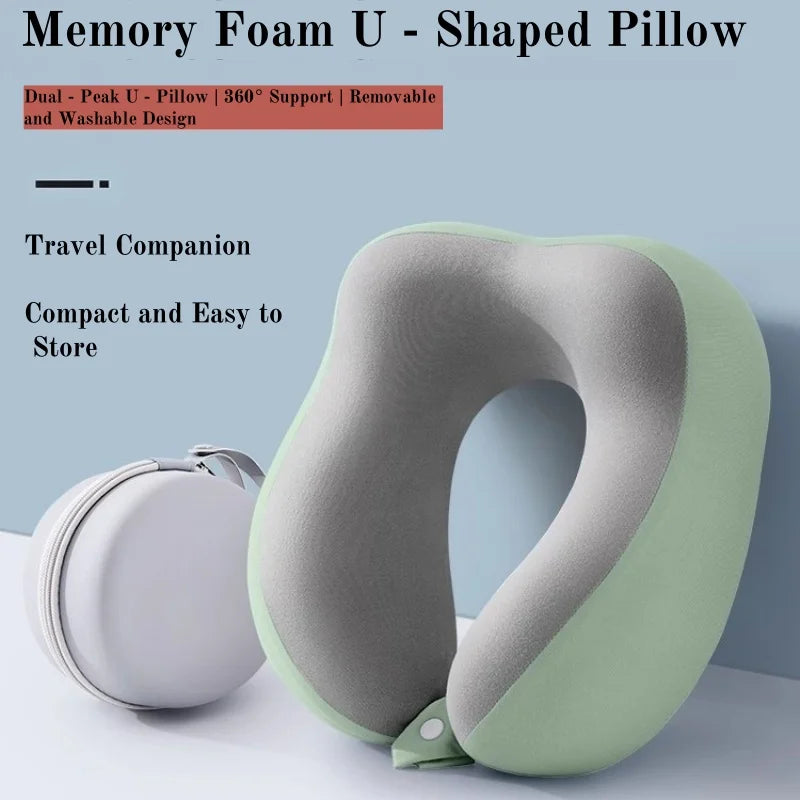 U-shaped memory foam pillow with travel case on a light blue background