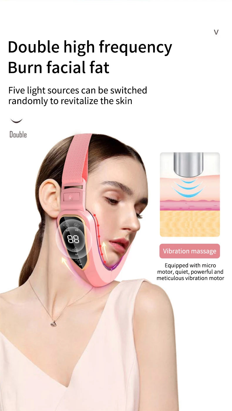Woman wearing a pink facial fat burning device with text on a white background