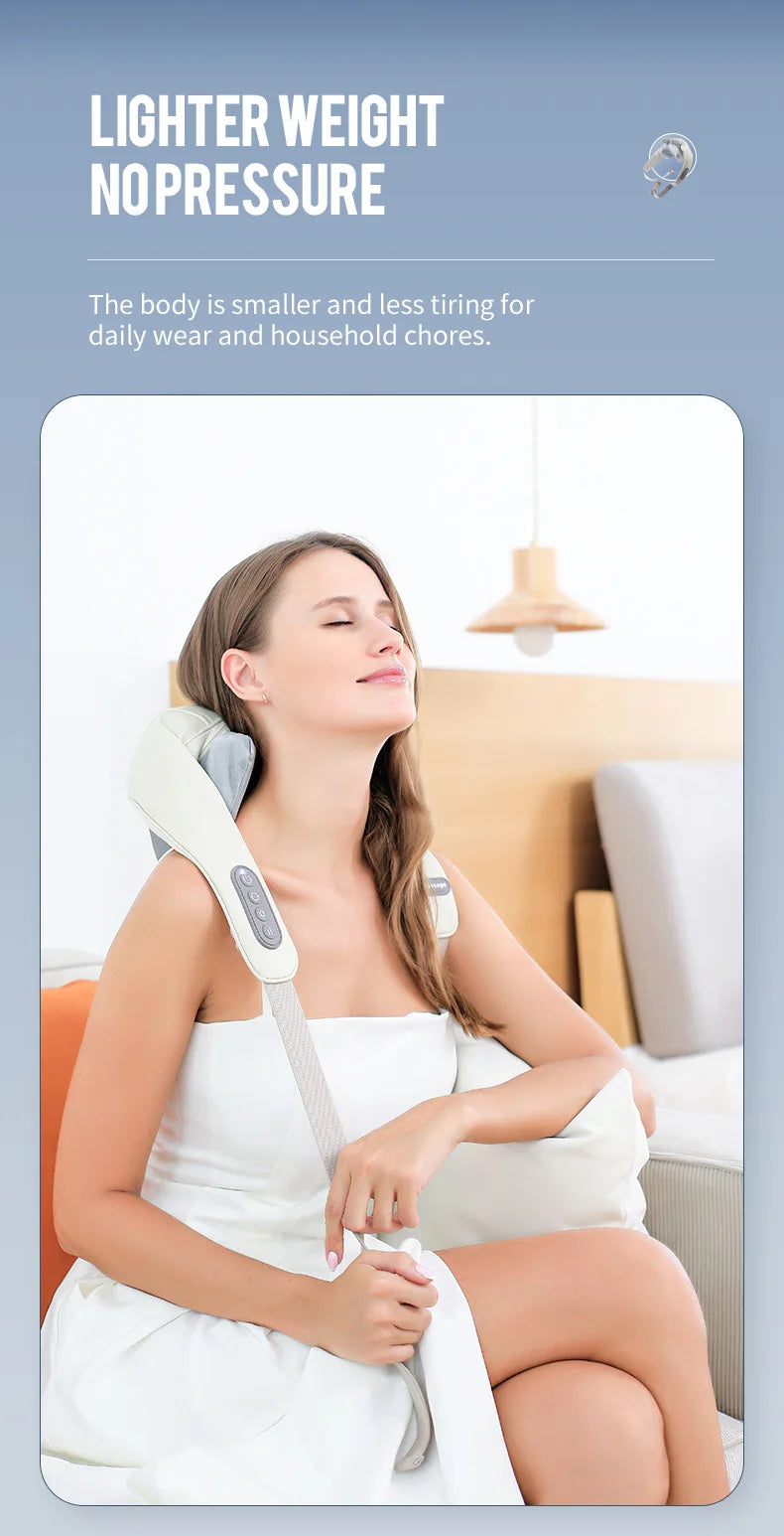 Woman using a neck and shoulder massager in a home setting, آلة التدليك