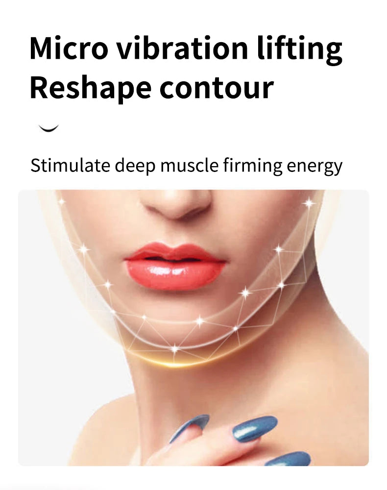 Advertisement for facial treatment with text 'Micro vibration lifting, Reshape contour' and 'Stimulate deep muscle firming energy'.