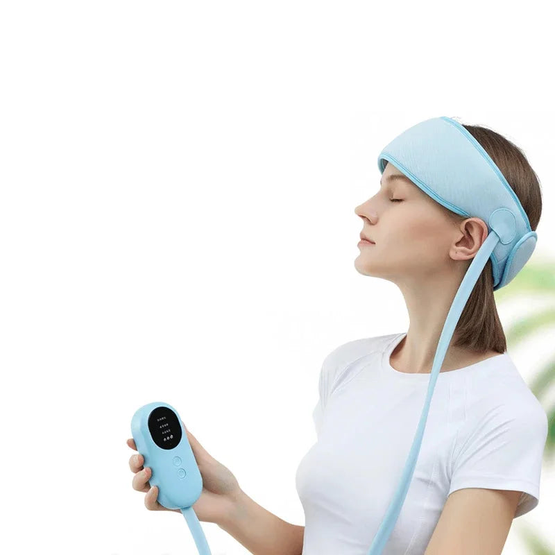 Woman wearing a blue headband with a device, against a white background