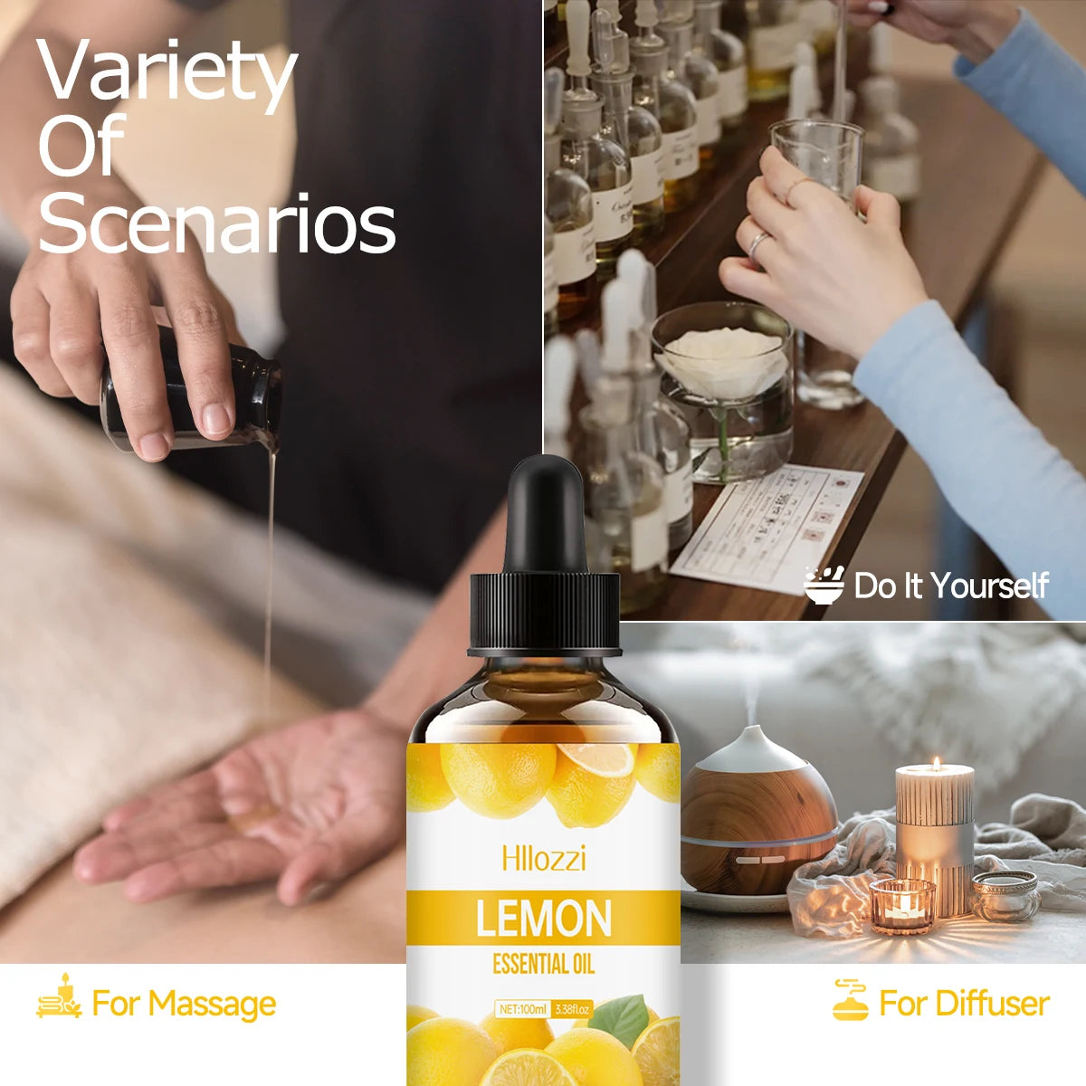 Hilazzi Lemon essential oil bottle with usage scenarios including massage, bar setting, and diffuser.