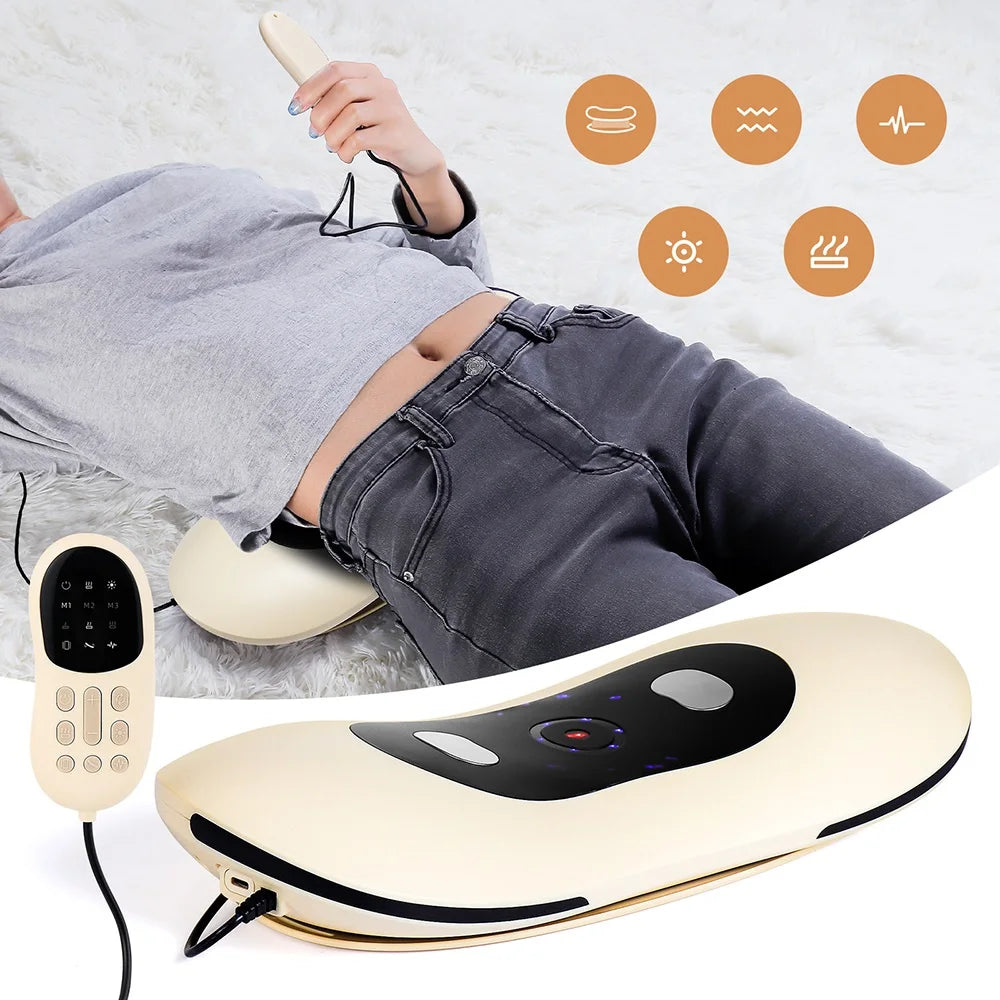 Person using a waist massager with control panel and icons on a light background