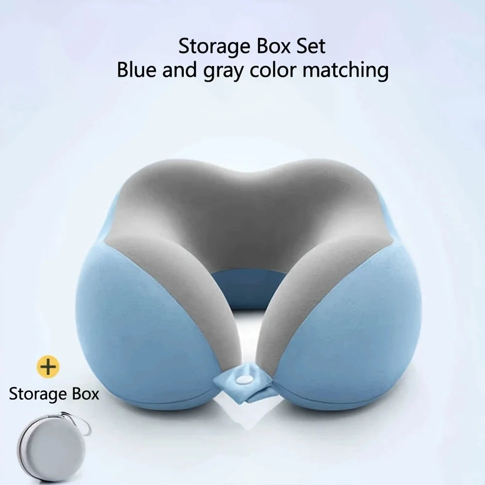 Gray and blue neck pillow with matching storage box on a light gray background