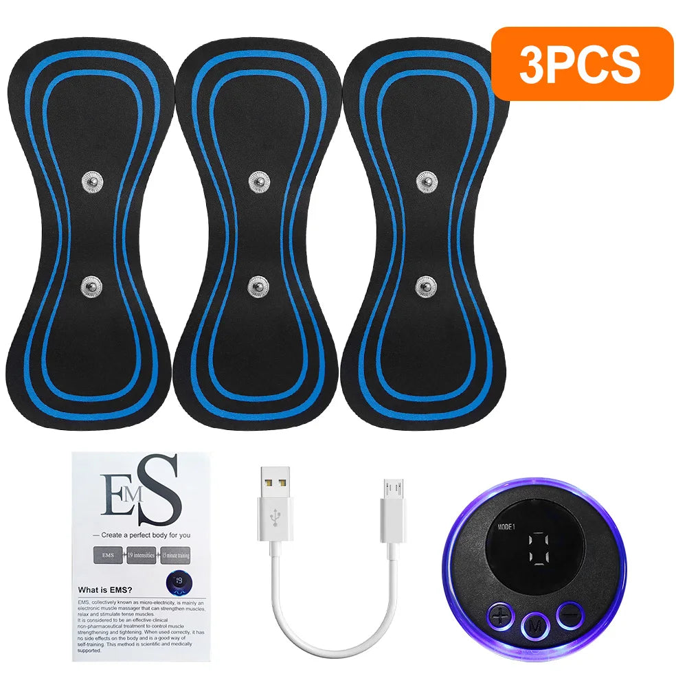 Three black and blue electronic pads with a power adapter, USB cable, and user manual on a white background.