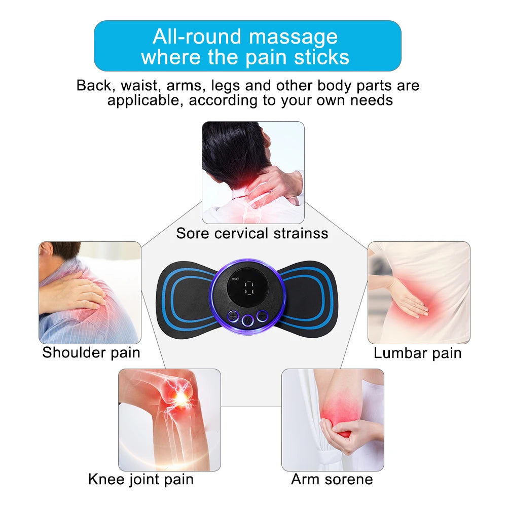 Massage device with images of different body parts showing pain areas and text about all-round massage.