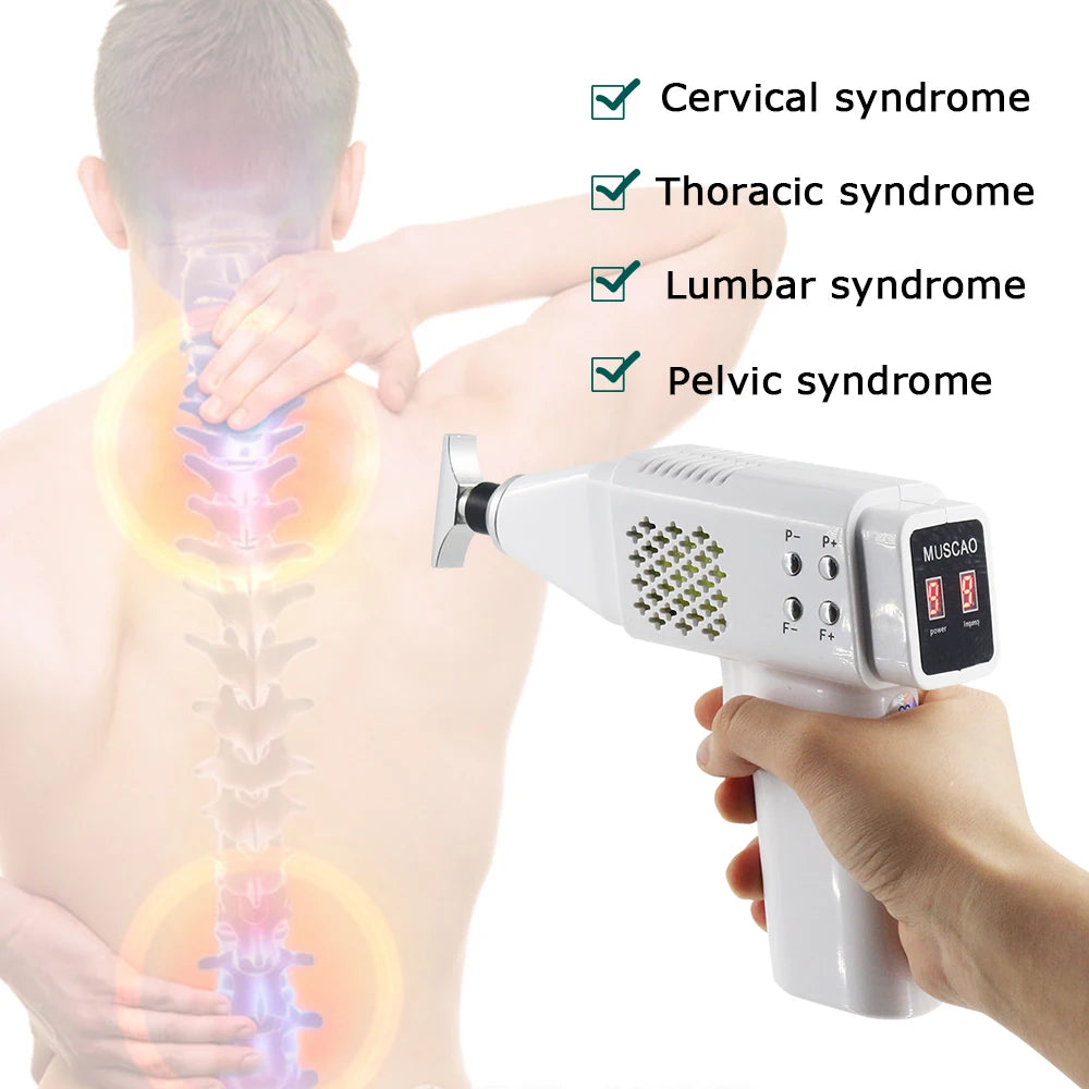 Person using a handheld device on their back with labeled areas for cervical, thoracic, lumbar, and pelvic syndrome.