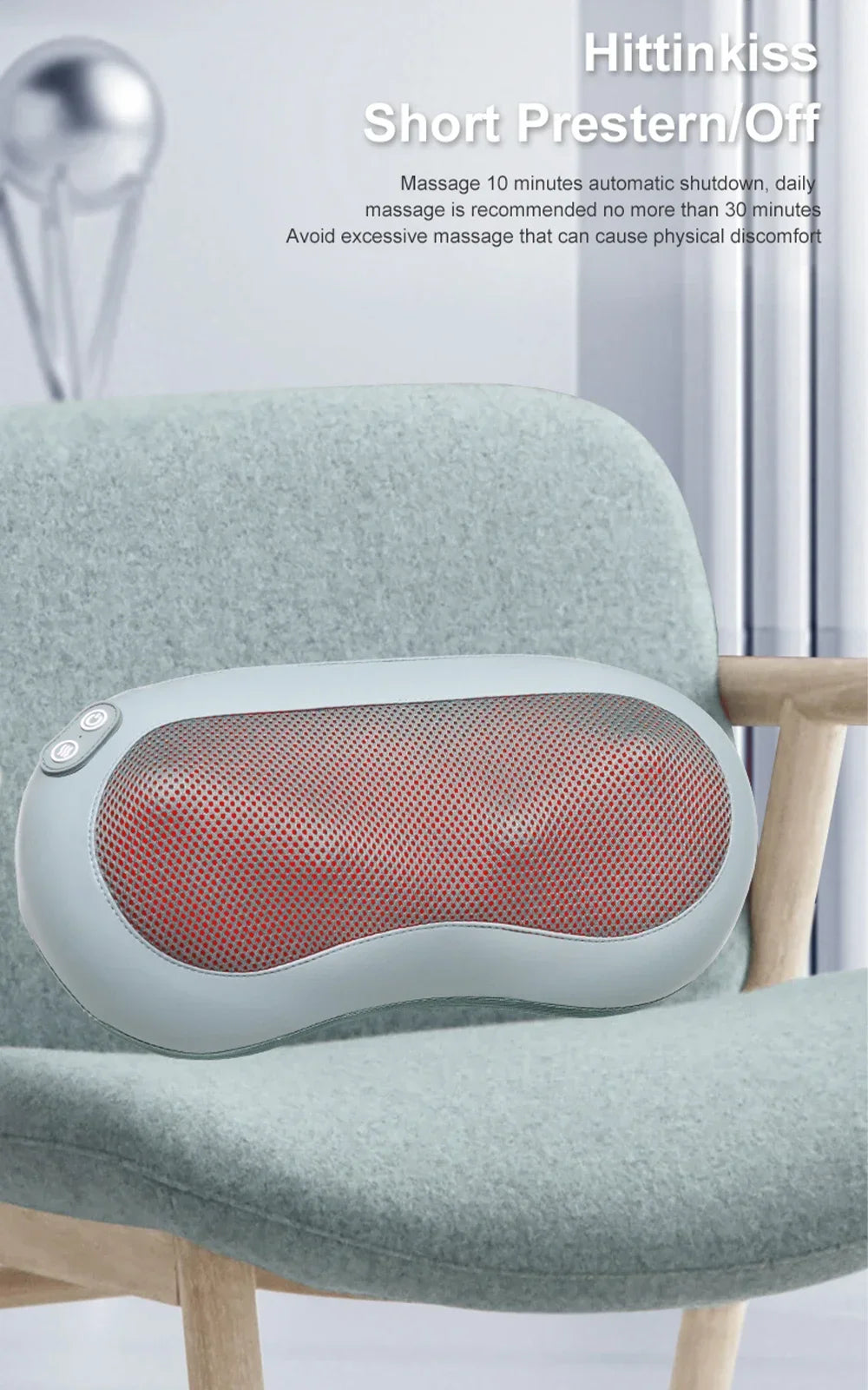 Massage pillow on a chair with text indicating usage instructions.