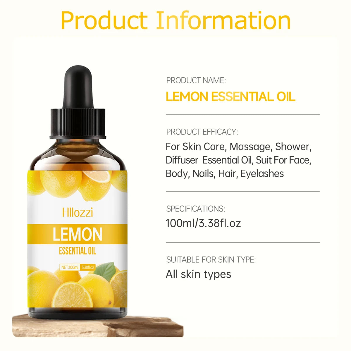Lemon essential oil bottle with label on a white background