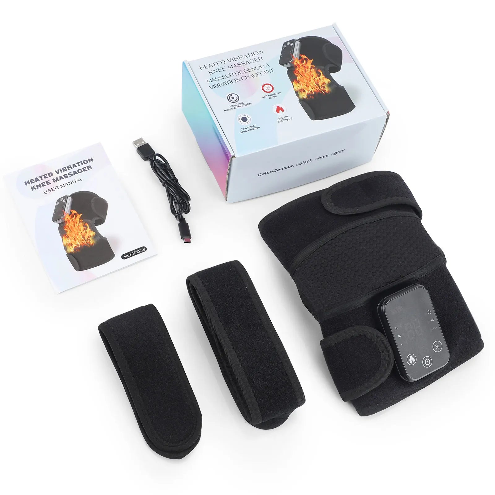 Black vibration and massage knee wrap with packaging, manual, and USB cable on a white background