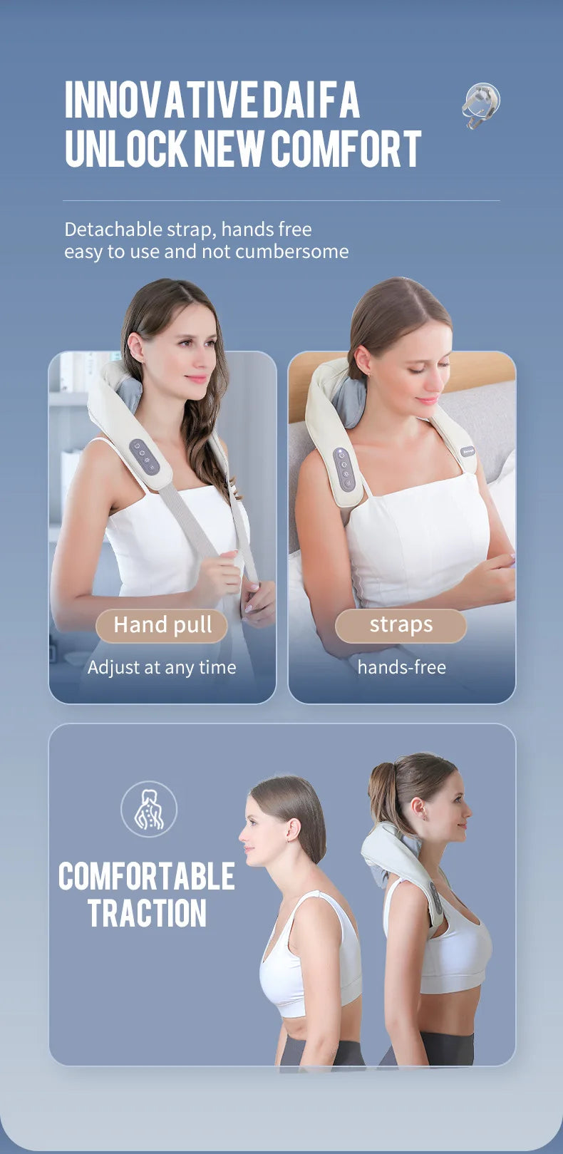 Advertisement for a neck and shoulder massager with text and images of a woman using it.آلة التدليك