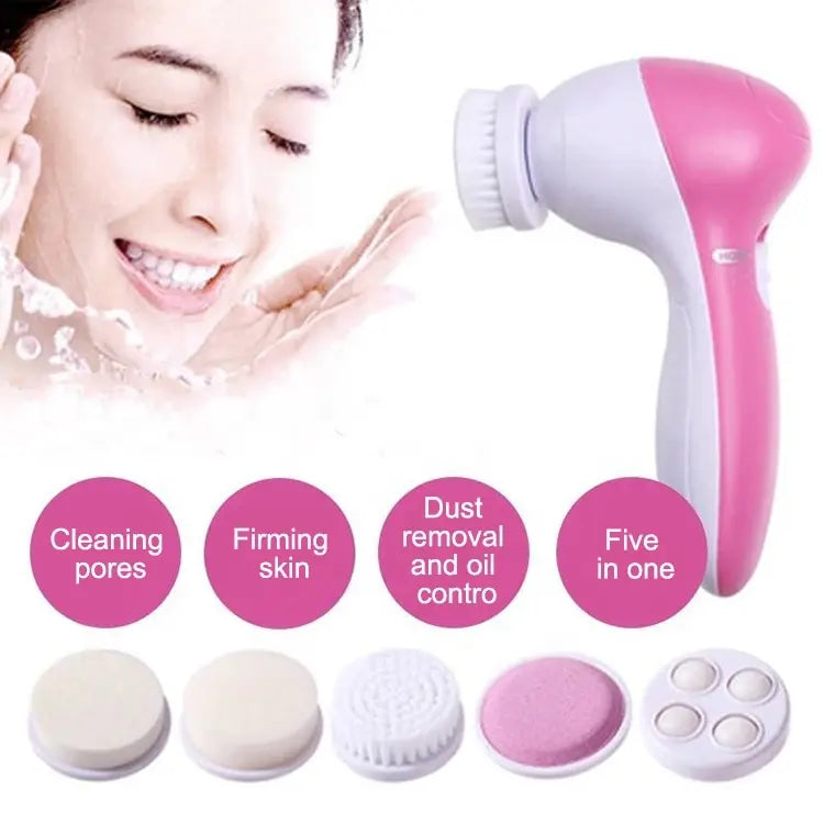 Pink and white facial cleansing device with attachments and a woman cleaning her face.
