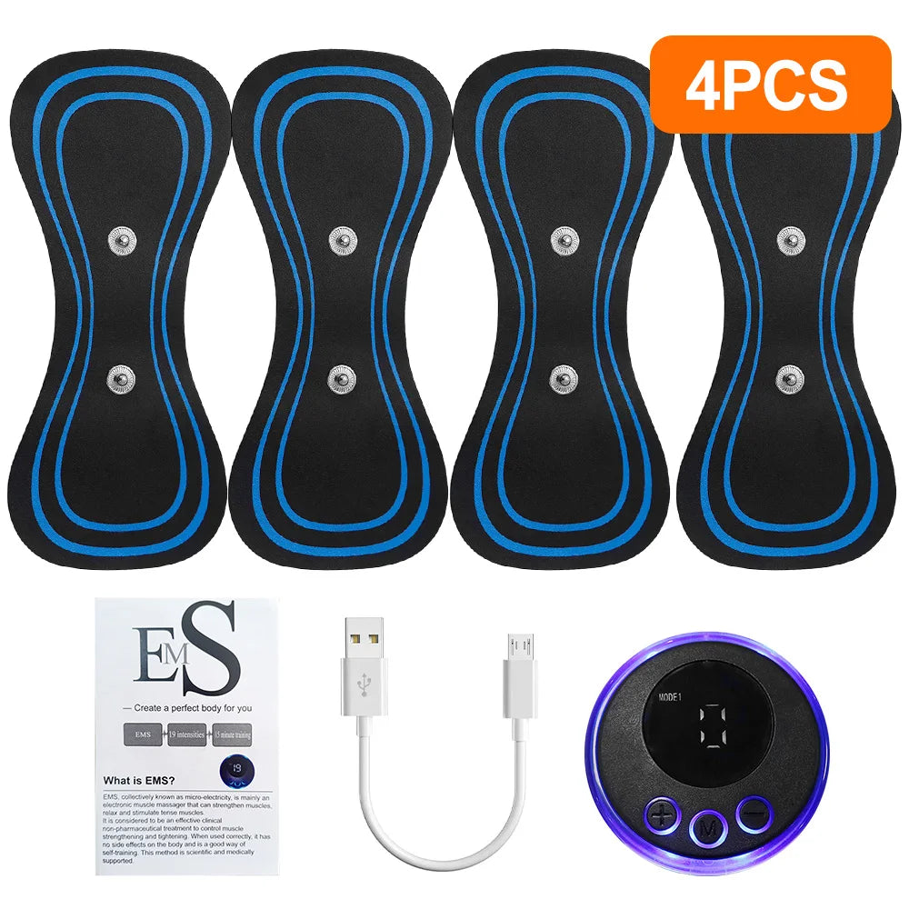 Four black and blue electronic pads with a power adapter, USB cable, and user manual on a white background.
