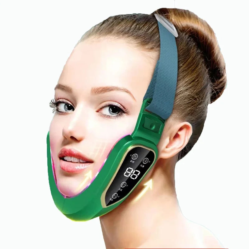 Woman wearing a green facial toning device on a white background
