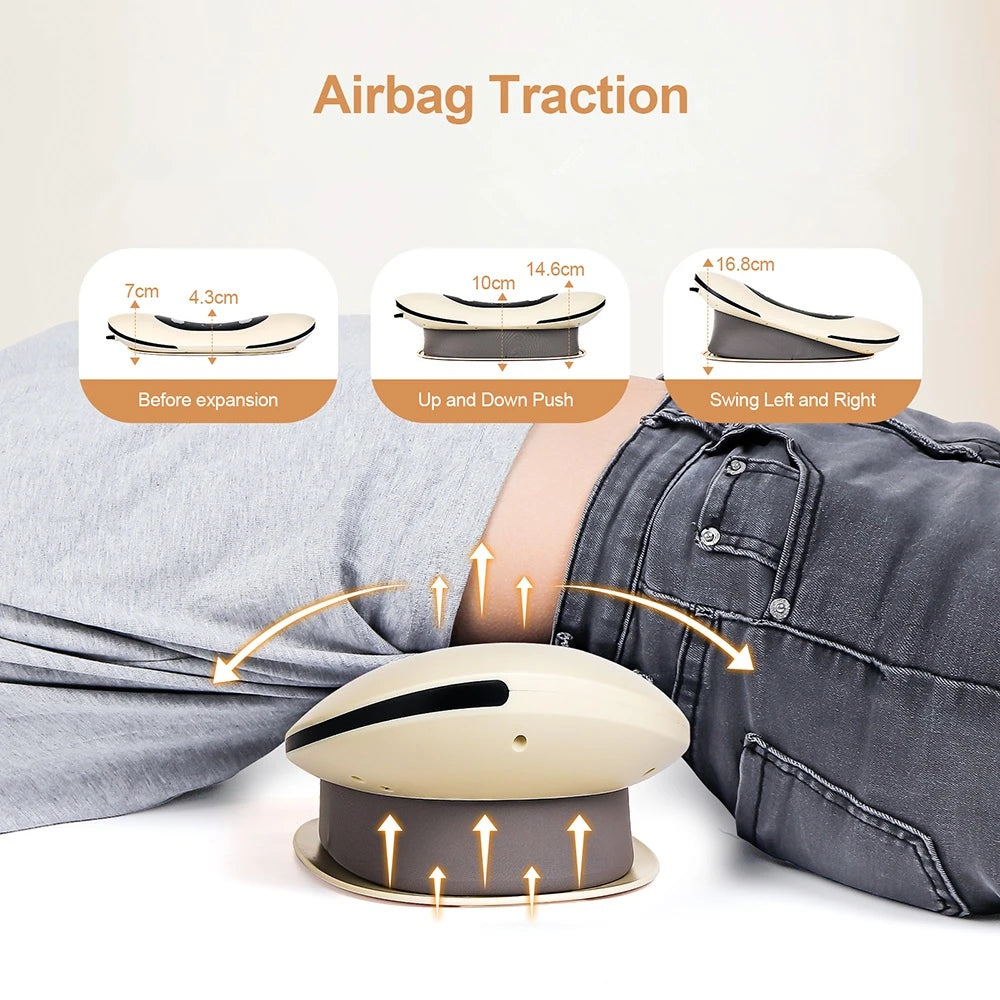 Airbag traction device with expansion measurements on a person wearing gray pants.