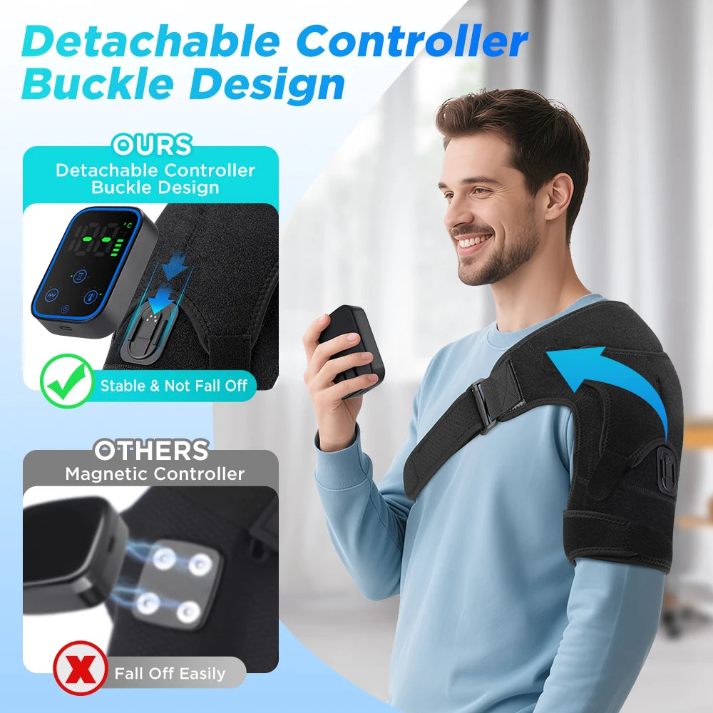 Man wearing a shoulder brace with detachable controller buckle design, highlighting stability and fall prevention.