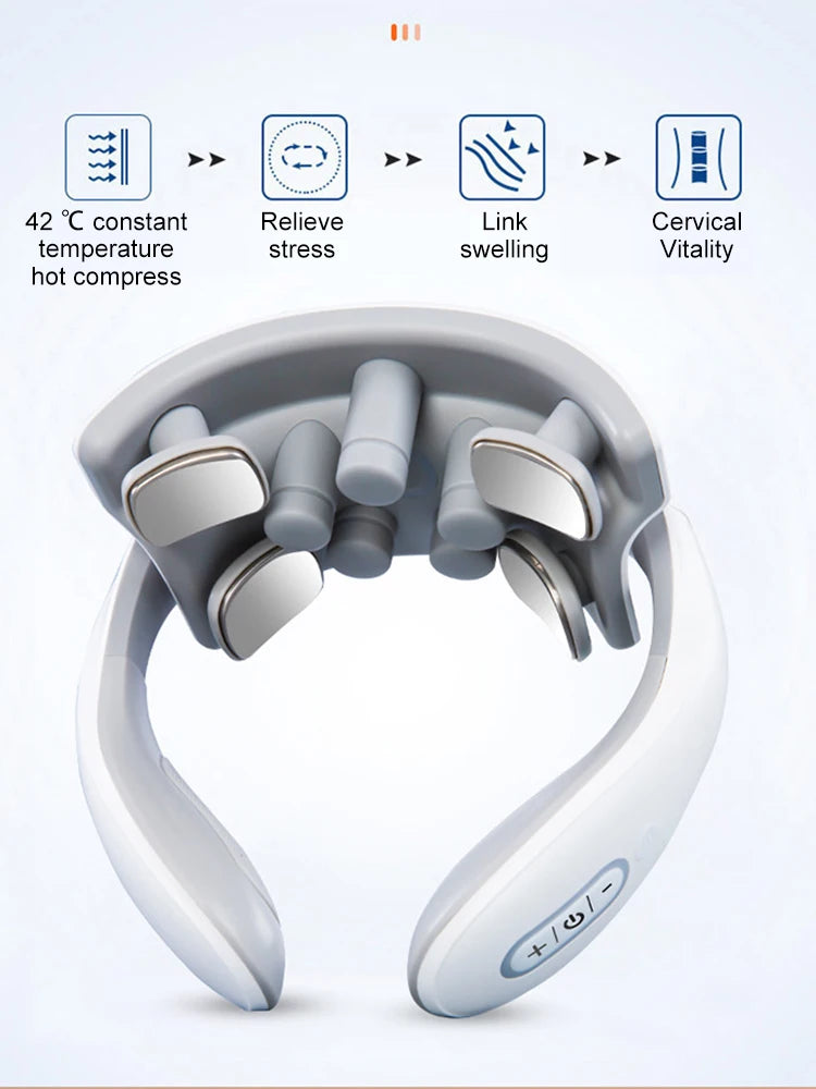 Neck massager with text indicating its functions on a white background