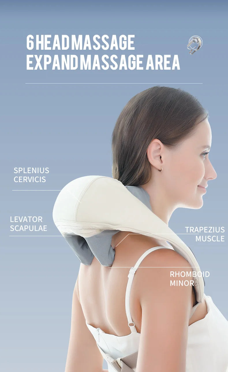 Woman using a neck and shoulder massager with labeled muscles on a light blue background, آلة التدليك