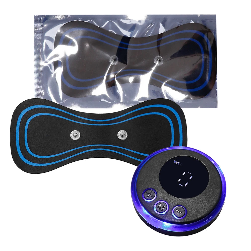 Black and blue waist trainer with digital controller on a white background