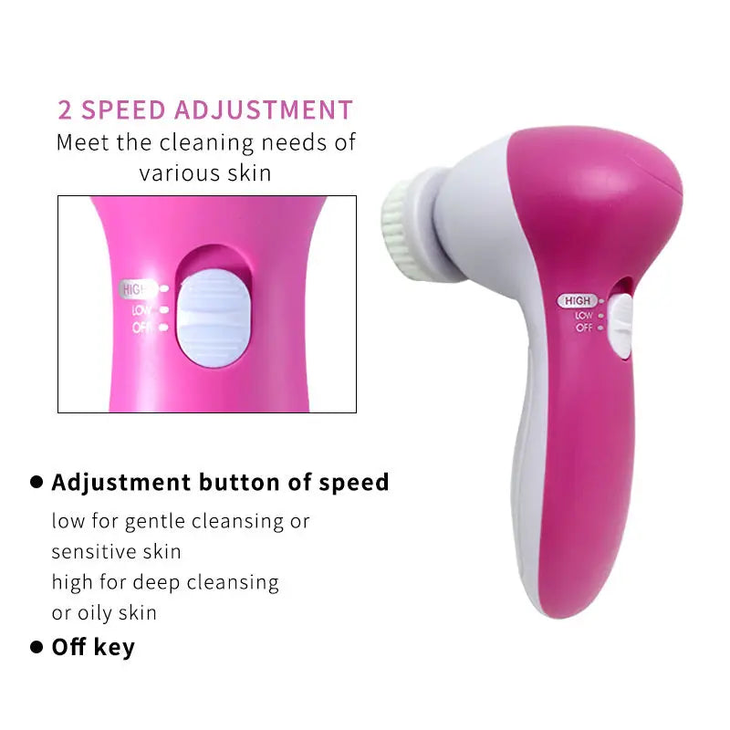 Pink and white skin cleansing device with speed adjustment features on a white background