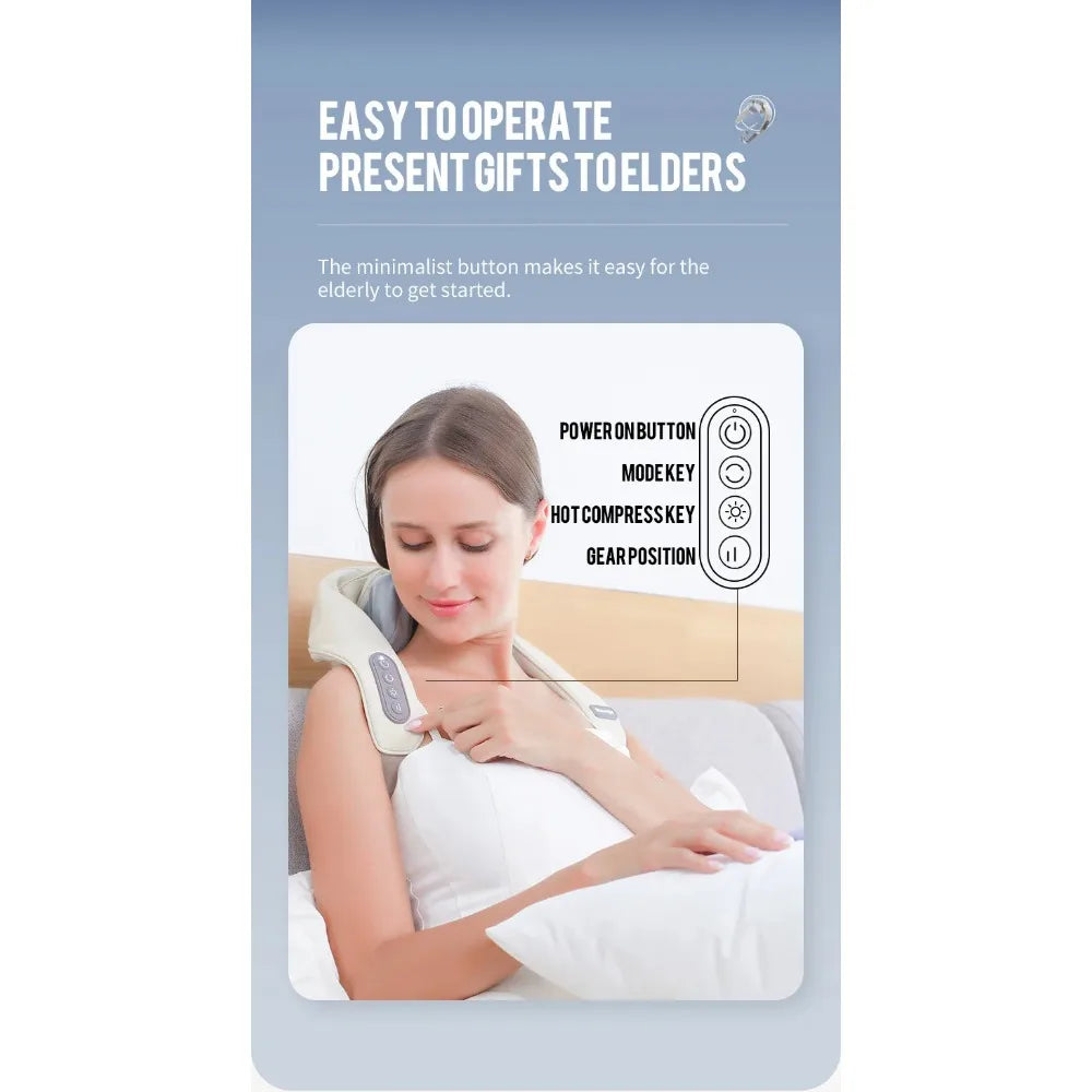 Product packaging with a woman using a neck massager, text about ease of use for elders, and control panel illustration.آلة التدليك