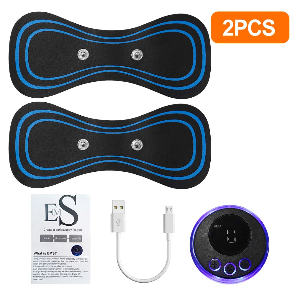 Two black and blue EMS muscle stimulators with a power adapter, USB cable, and packaging on a white background.