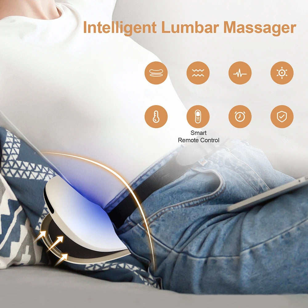 Intelligent lumbar massager being used on a person sitting on a couch.