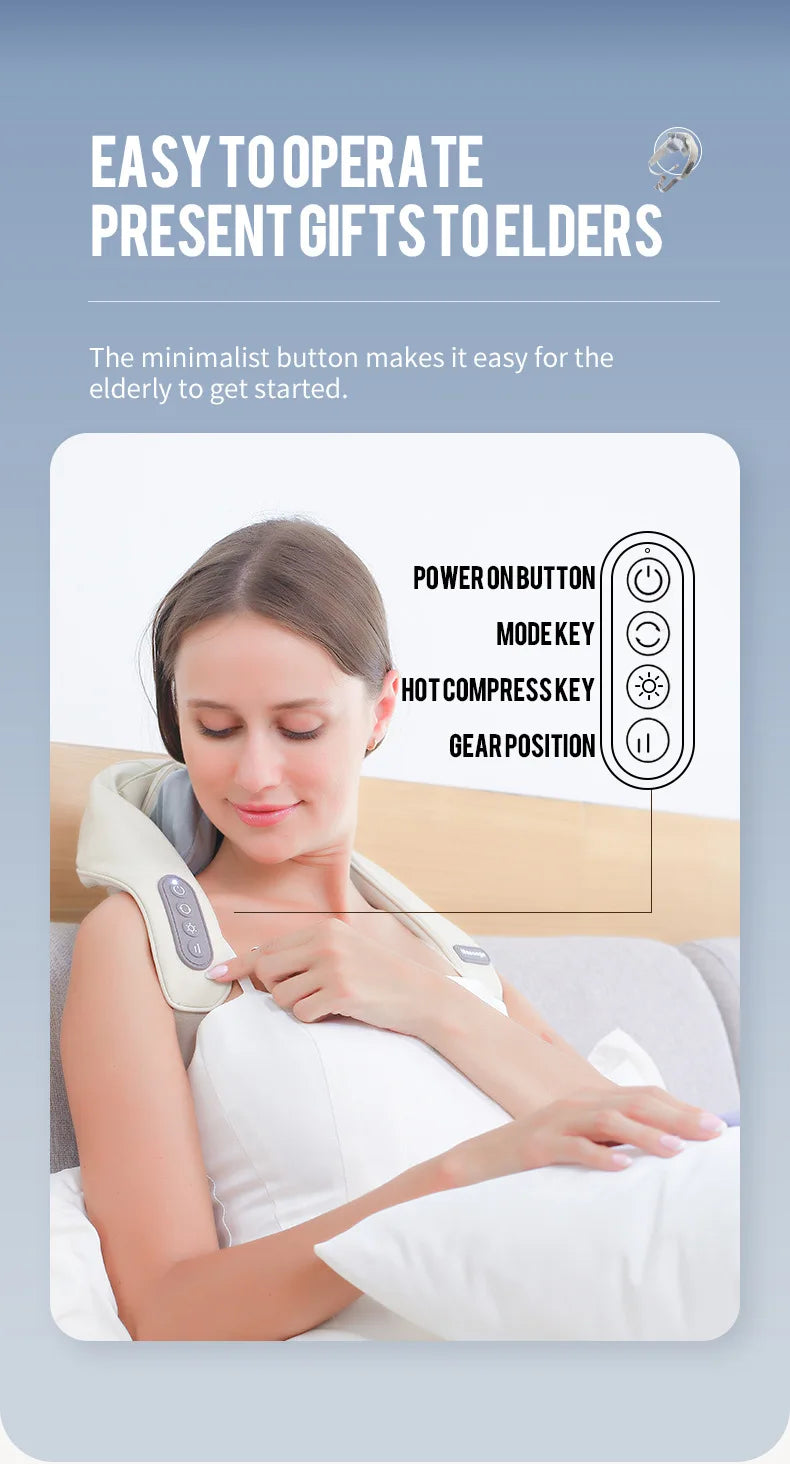 Woman using a neck and shoulder massager with text on an elderly-friendly product.آلة التدليك