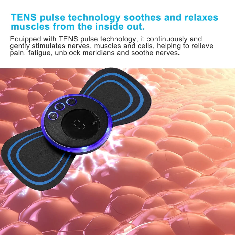TENS pulse technology device on a close-up of muscle tissue with text about its benefits.
