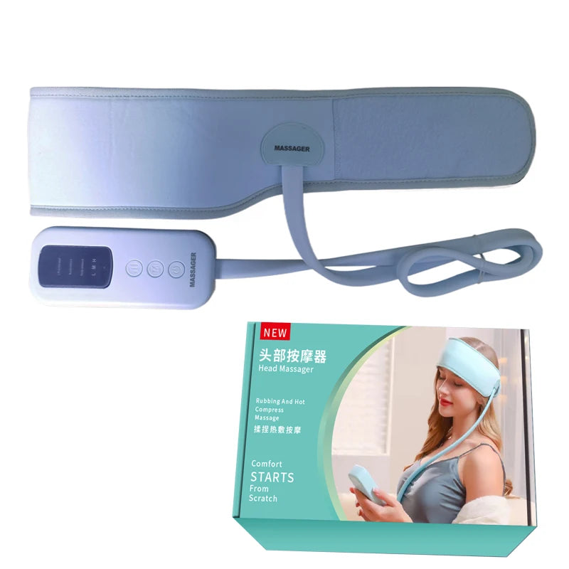 Head massager with digital display and packaging on a white background