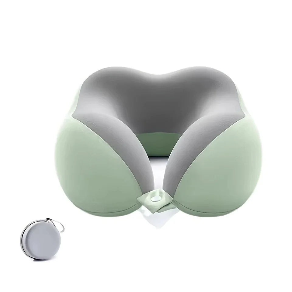 Gray and green neck pillow with carrying case on a white background
