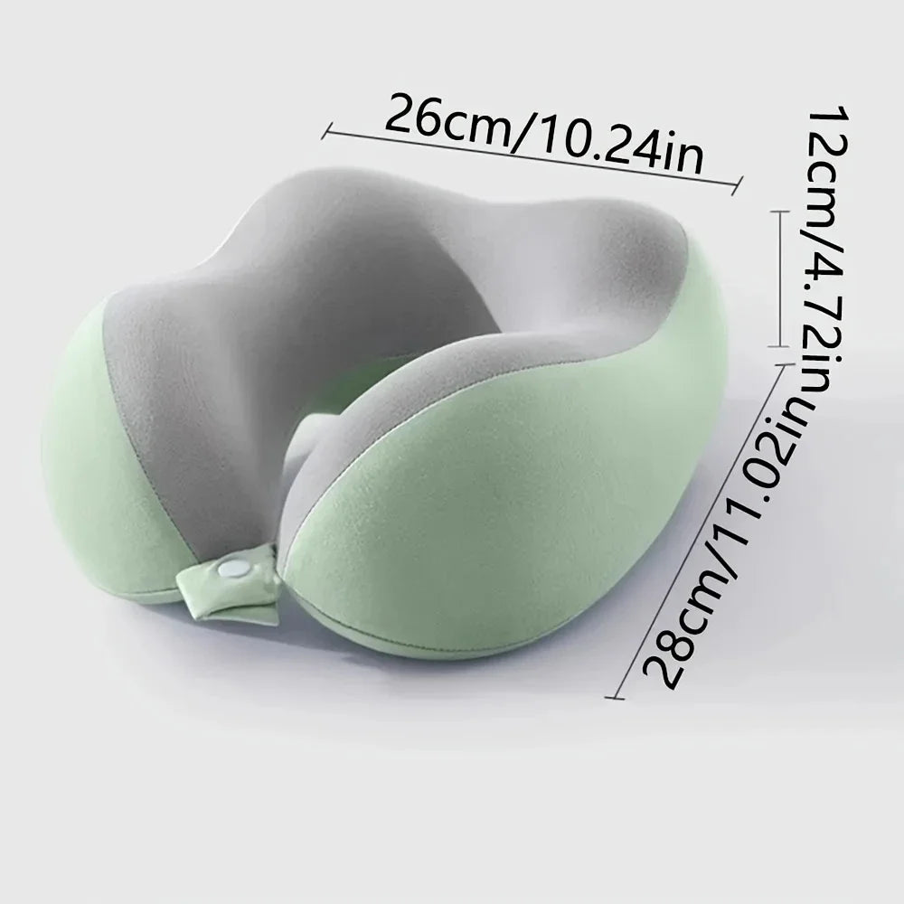Gray and green neck pillow with measurements on a white background