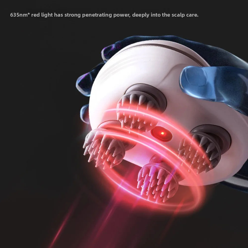 Close-up of a scalp care device with red light penetration into the scalp.