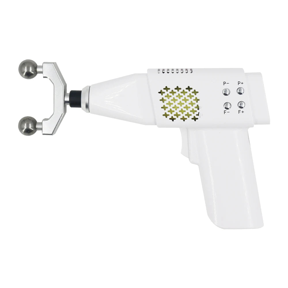 White handheld device with metallic attachments on a white background