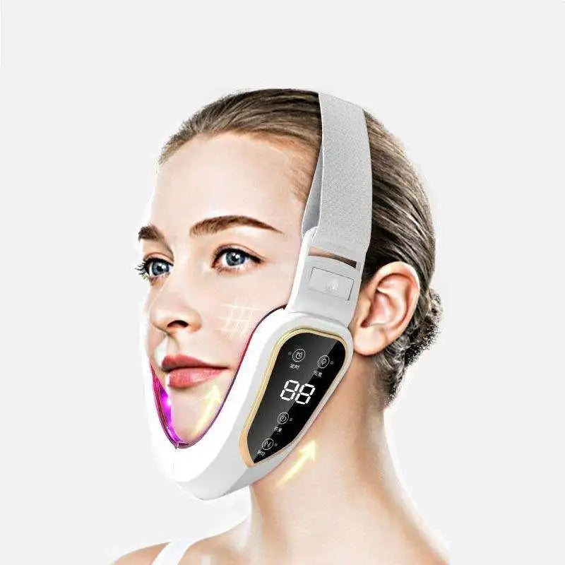 Woman wearing a white facial lifting device with digital display on a white background