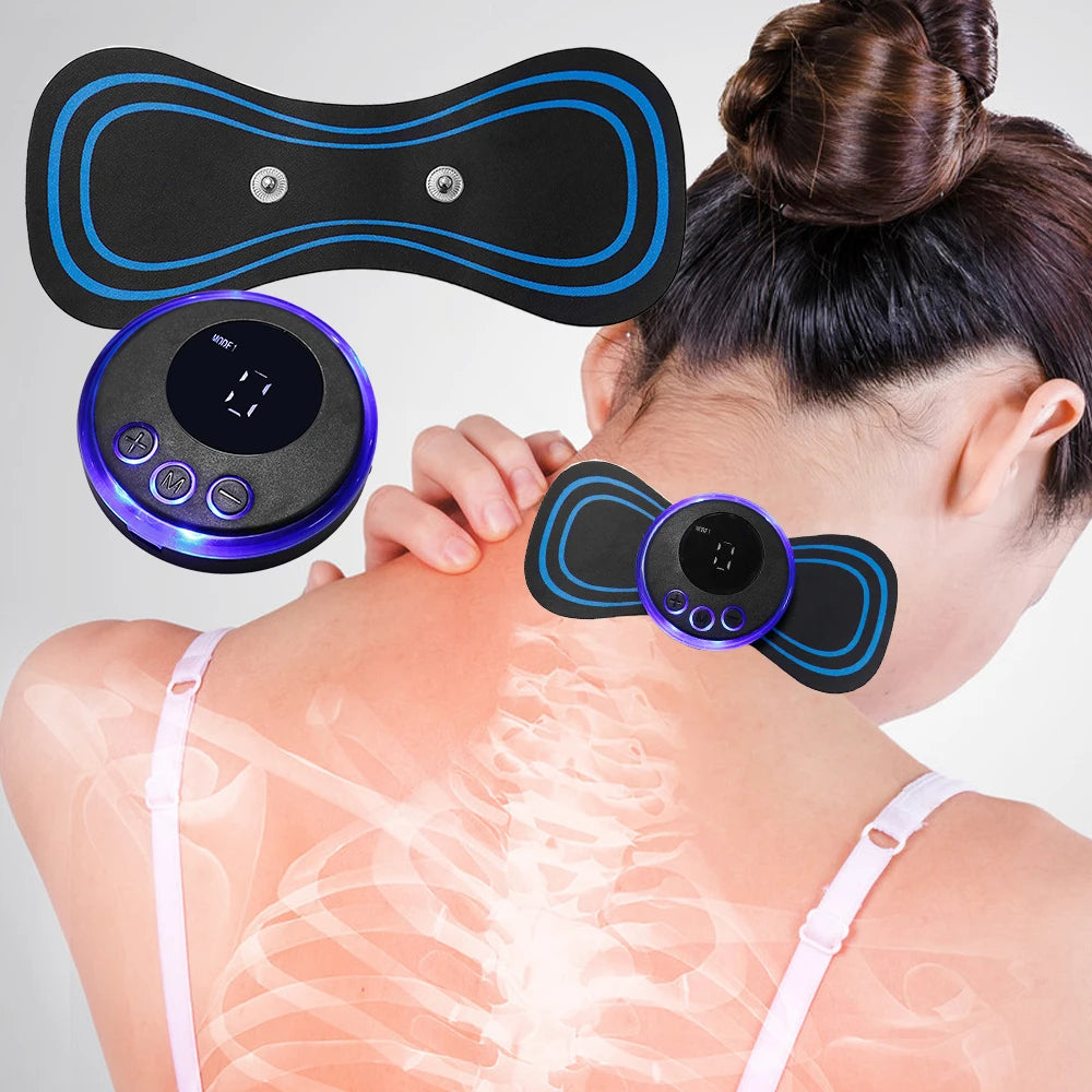 Woman using a neck massager on her shoulder with close-up details of the device.