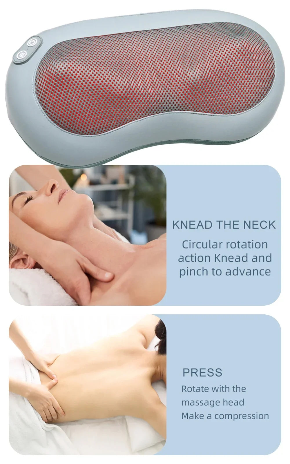 Massage pillow with instructions on how to use it, including kneading and pressing actions.