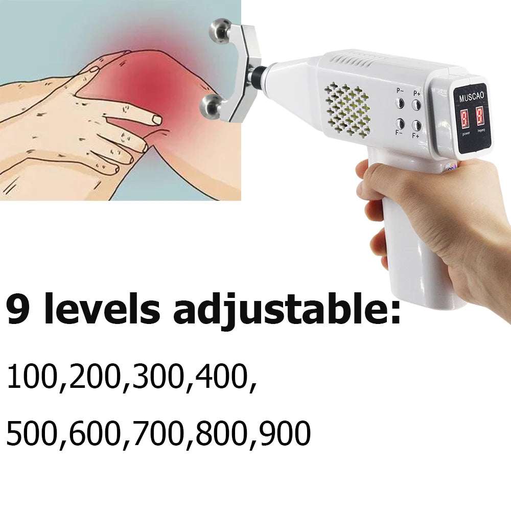 Handheld device with adjustable settings for pain relief, shown with a hand holding it.