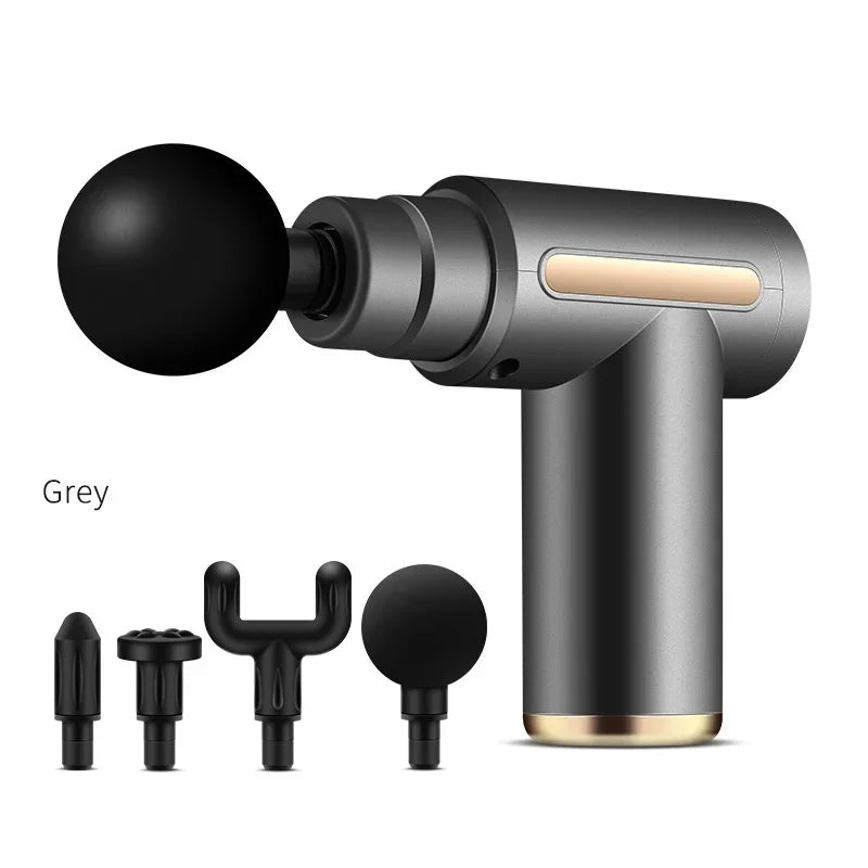 Gray massage gun with attachments on a white background