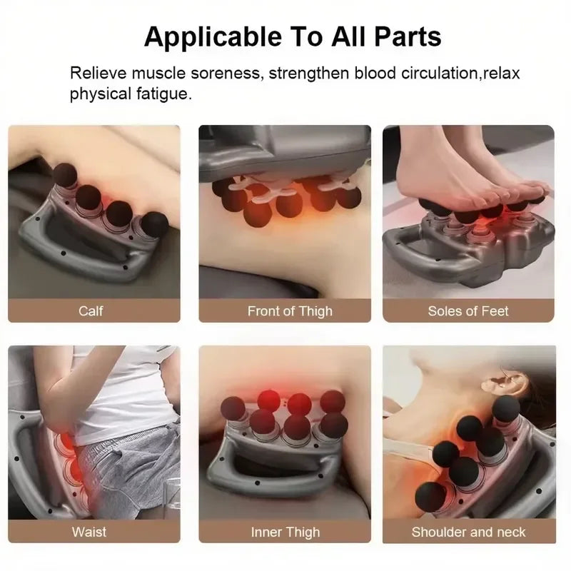 Massage device applicability to various parts of the body with text on benefits.