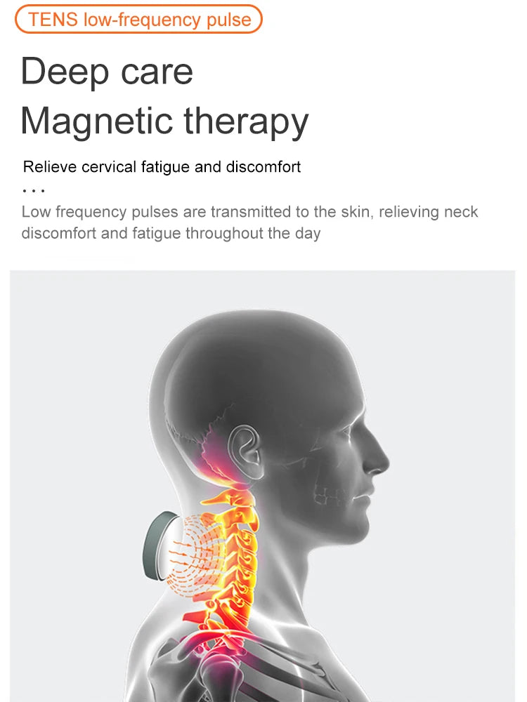 Magnetic therapy device for neck relief with text on deep care and magnetic therapy.