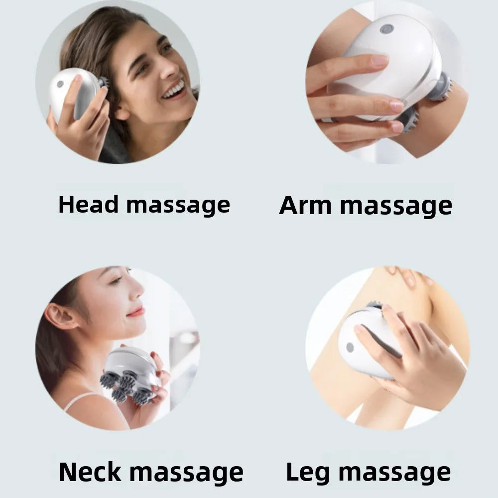 Handheld massager being used on different parts of the body with text labels.