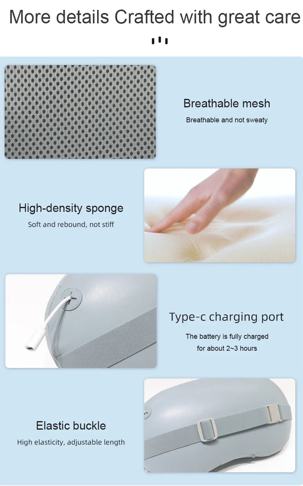 Product features with breathable mesh, high-density sponge, Type-C charging port, and elastic buckle on a blue background.