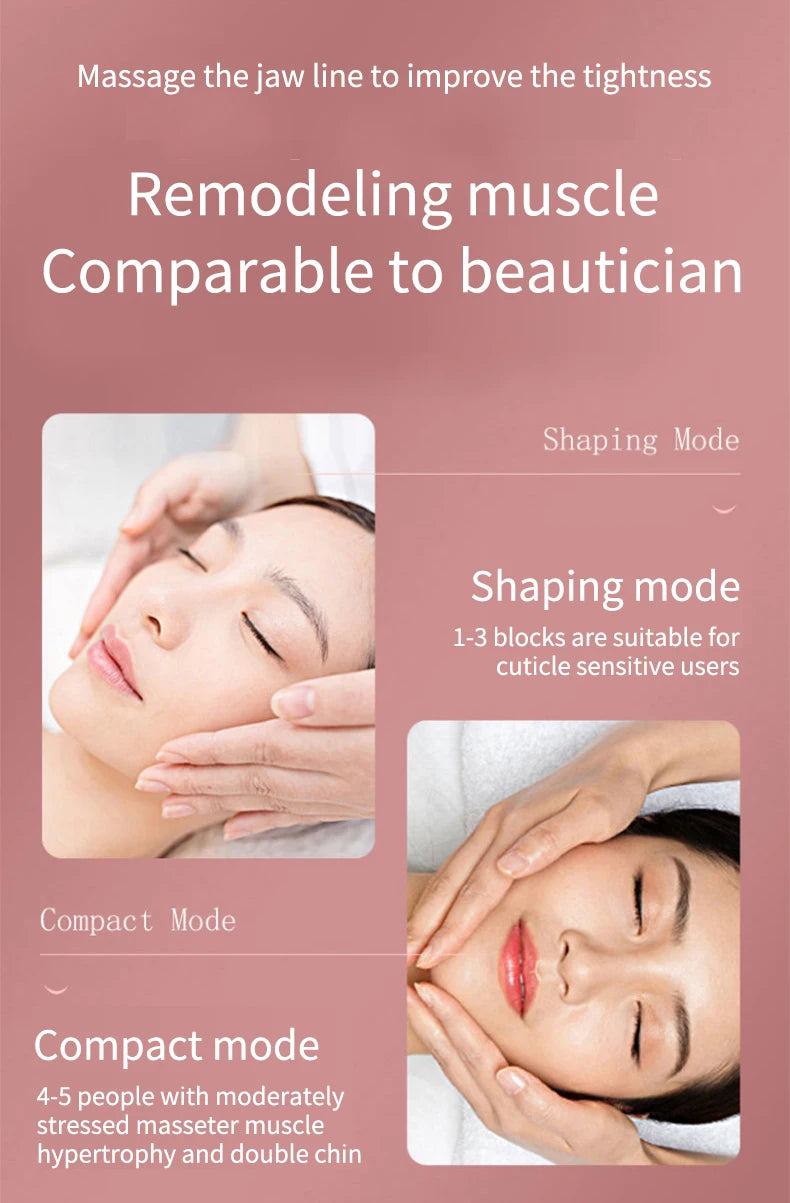 Product packaging for a facial massage tool with images of hands massaging faces and text on a pink background.