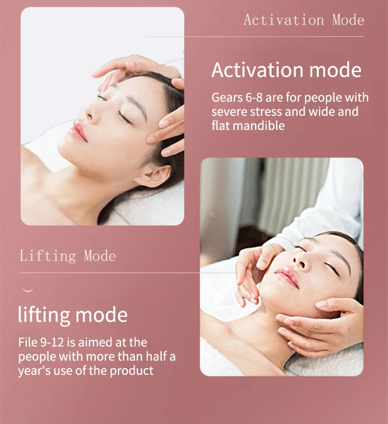 Advertisement for a facial treatment with text on activation and lifting modes.